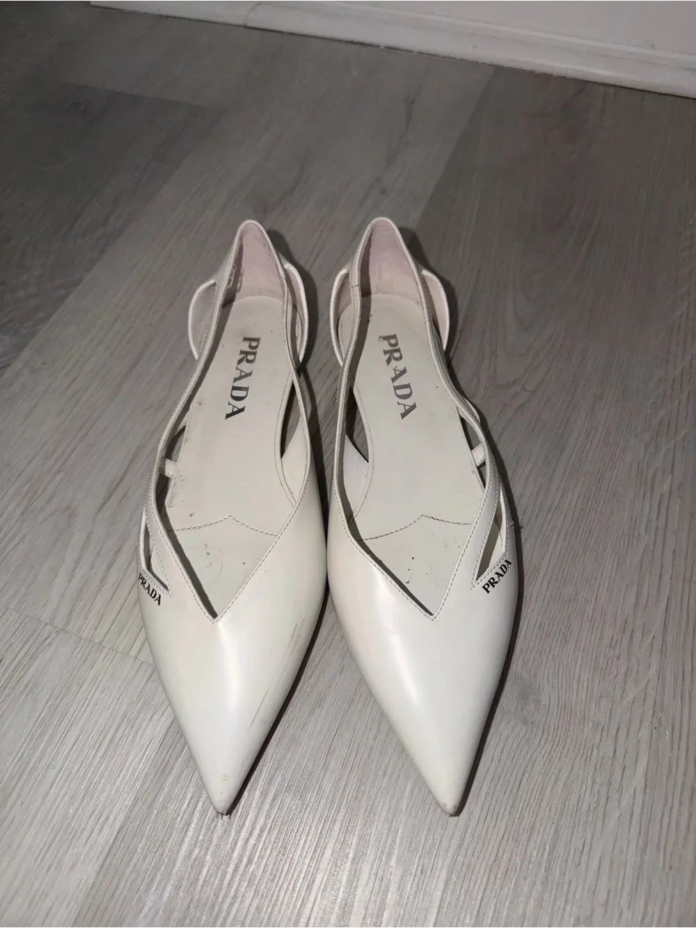 Prada White Pointed Leather Slingback Flats